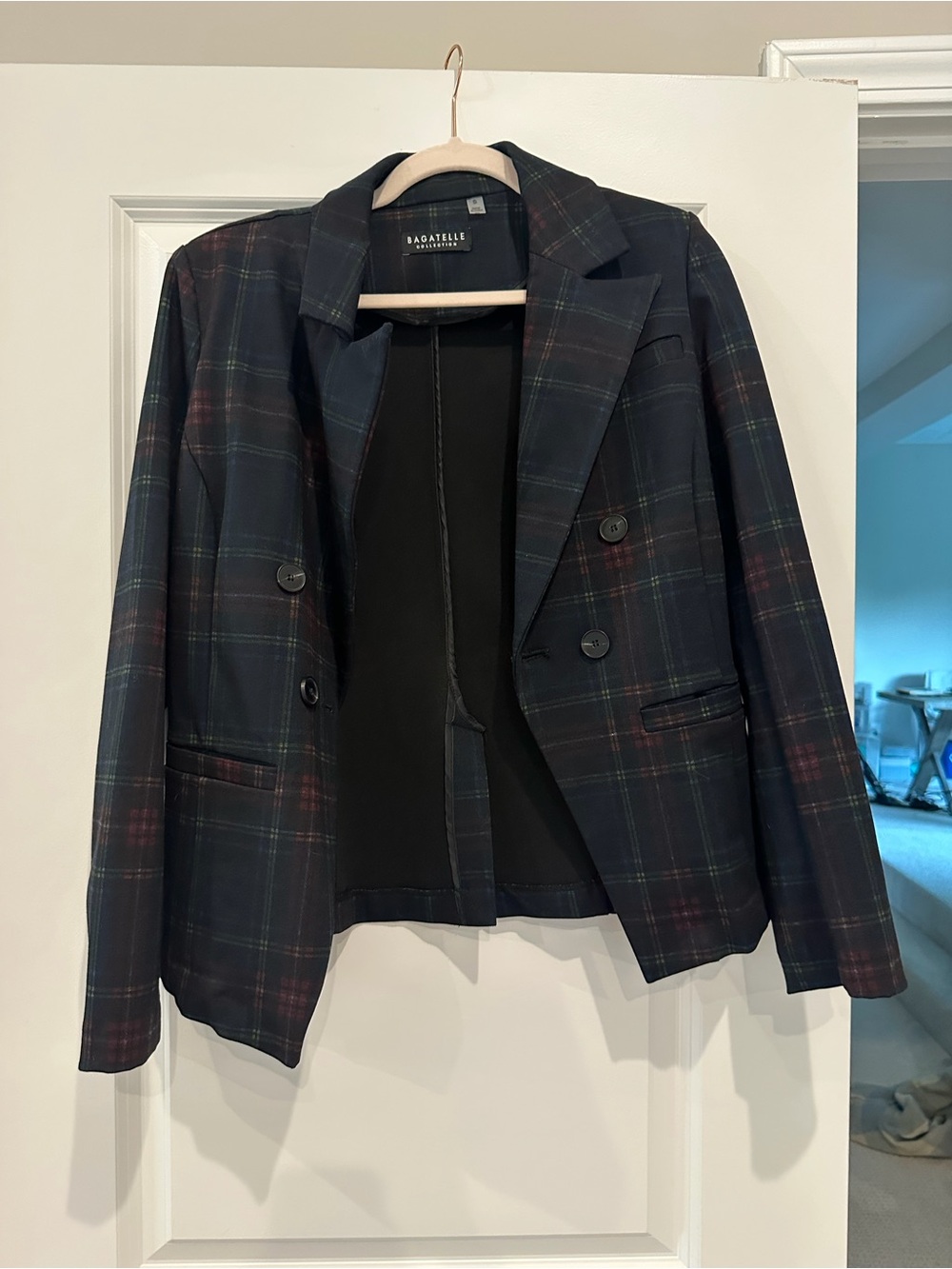 bagatelle Navy Plaid Double-Breasted Blazer with Subtle Red & Green Accents